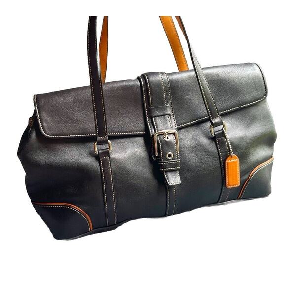 Vintage COACH Hampton 9268 Black Leather Tan Trim Carryall Satchel Y2k - Picture 2 of 16